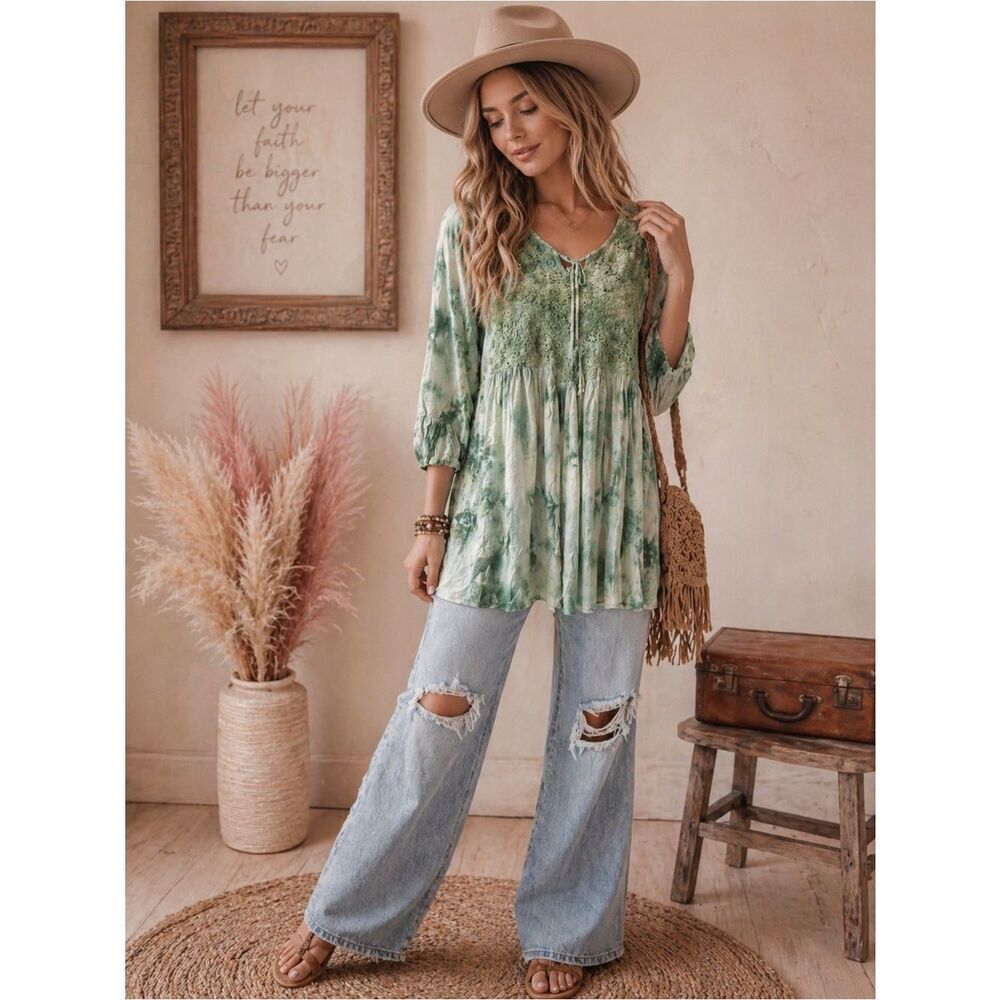 Anthropologie Tantrums Boho Green Tie-Dye Peasant Blouse with Crochet Yoke